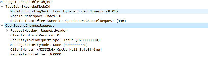 Wireshark View of a SecureChannelRequest